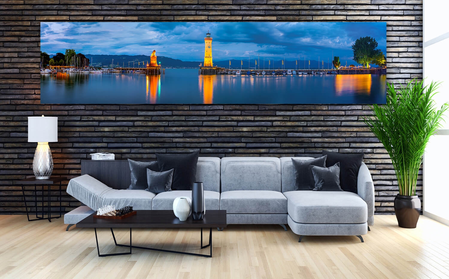 Wandbild o. Küchenspiegel Im Hafen von Lindau Bodensee Grösse (4:1) 120 x  30cm Ausführung Leinwand Canvas
