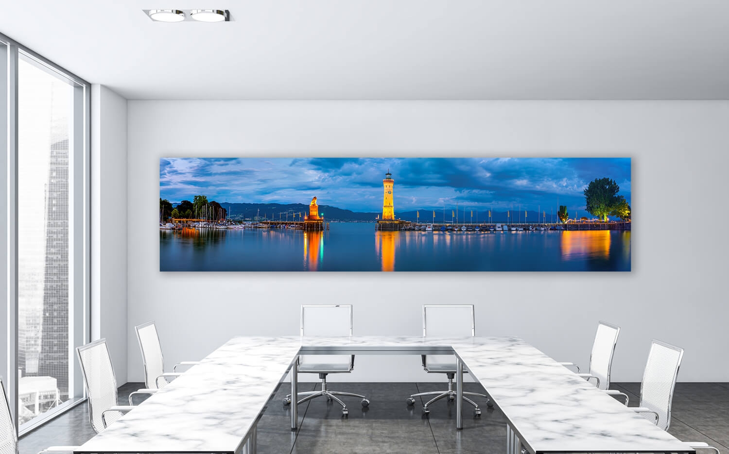 Wandbild o. Küchenspiegel Im Hafen von Lindau Bodensee Grösse (4:1) 120 x  30cm Ausführung Leinwand Canvas