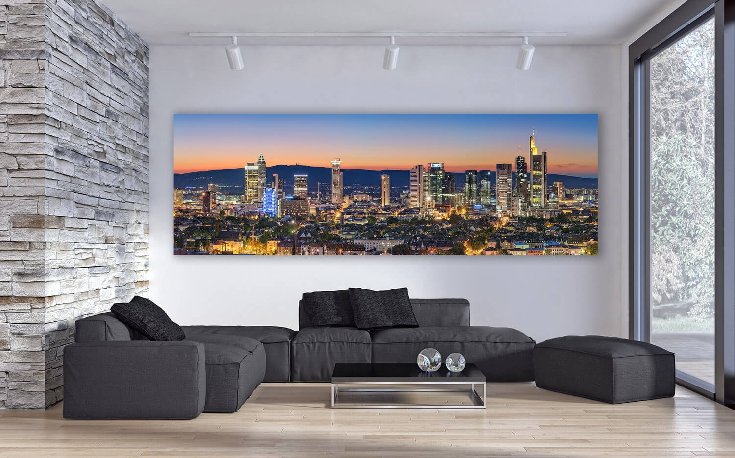 Wandbild o. Küchenspiegel Skyline von Frankfurt/Main Grösse (3:1) 120 x  40cm Ausführung Leinwand Canvas