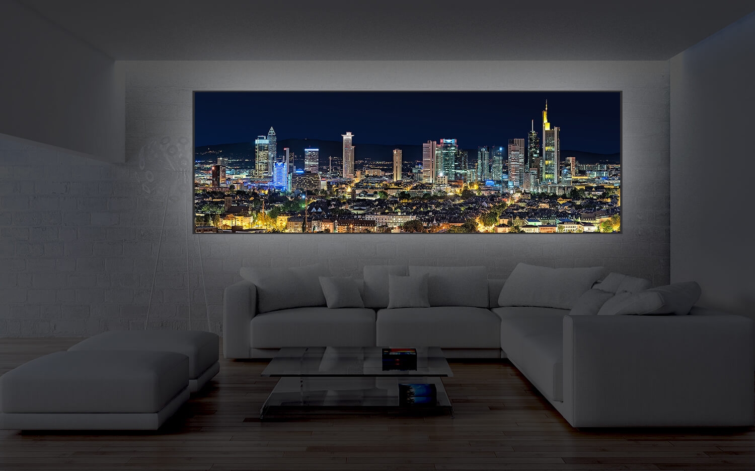 Wanddeko o. Küchenrückwand nächtliche Skyline von Frankfurt/Main Grösse (3:1)  120 x 40cm Ausführung Leinwand Canvas