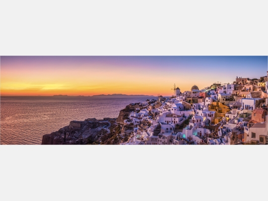 Panoramabild Sonnenuntergang über Oia Santorini