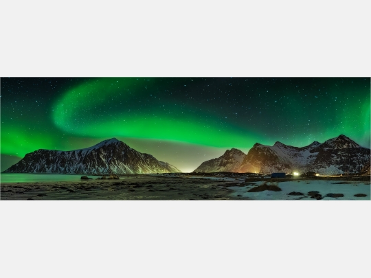 Panoramabild Aurora Borealis Flakstad Lofoten Norwegen