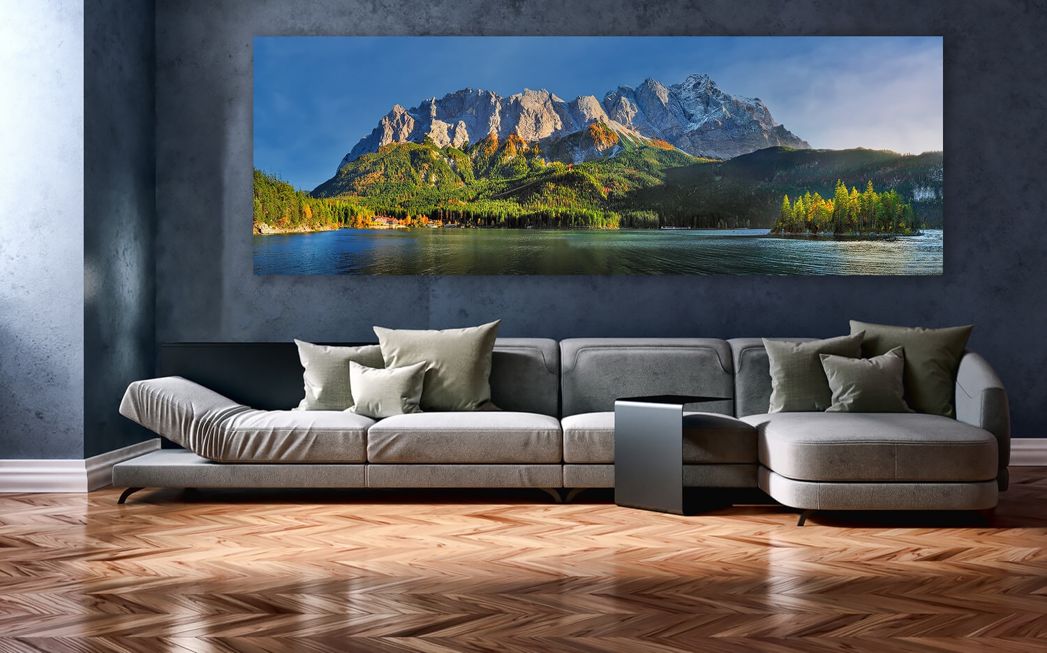 Wanddeko o. Küchenrückwand Herbst am Eibsee und Zugspitze Grösse (3:1) 120  x 40cm Ausführung Leinwand Canvas