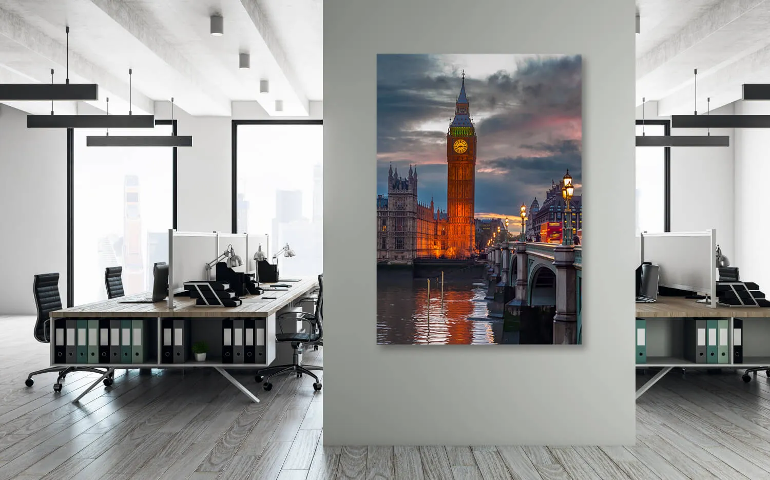 London Leinwanddruck Big Ben Mit Grünem Regenschirm – Wandbild 91x61 Cm Als Wohnzimmer-Deko & Kunst-Reproduktion